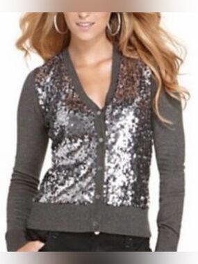 Michael Kors Silver Sequined Cardigan Charcoal Gray Size XS